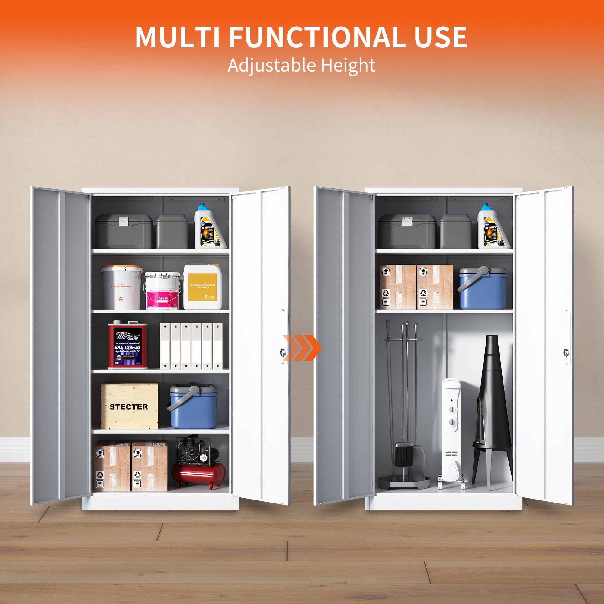 IKIMI 71" Metal Storage Cabinet with 4 Adjustable Shelves and Lock, Heavy Duty Steel Garage Tool Cabinet for Office, Home, Kitchen, White(H71"*W32"*D16")