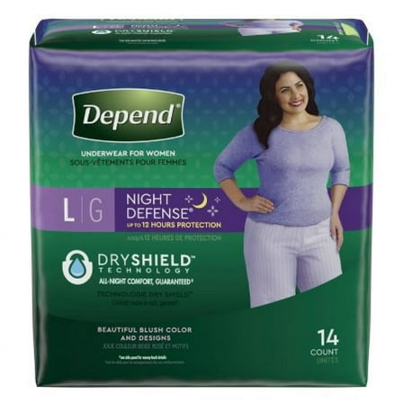 Depend Night Defense Underwear For Women, Female, Large, 38 to 44 In. Waist, Pull On, Blush, Heavy Absorbency, Overnight, Disposable, Pack of 14, 2 Count
