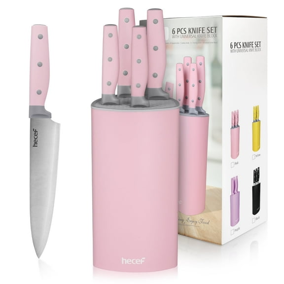 Hecef 6-Piece Kitchen Knife Set with Universal Holder, High Carbon Stainless Steel Pink Knives