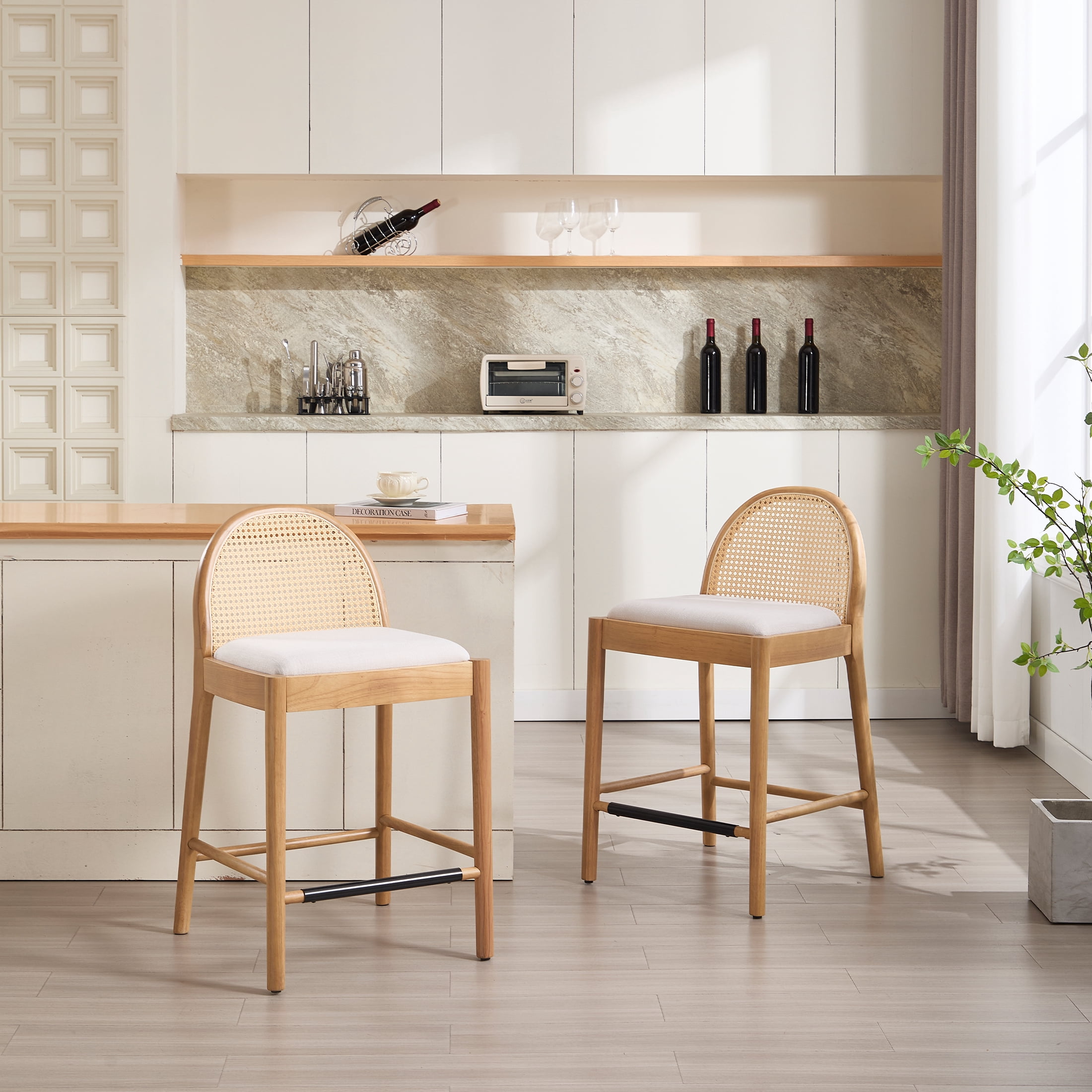 Guyou Modern Bar Stools Set of 2, 26" Counter Height Bar Stools with Natural Rattan Back and Solid Wood Frame, Sherpa Upholstered Kitchen Island Chairs for Bar Island Cafe Kitchen, White
