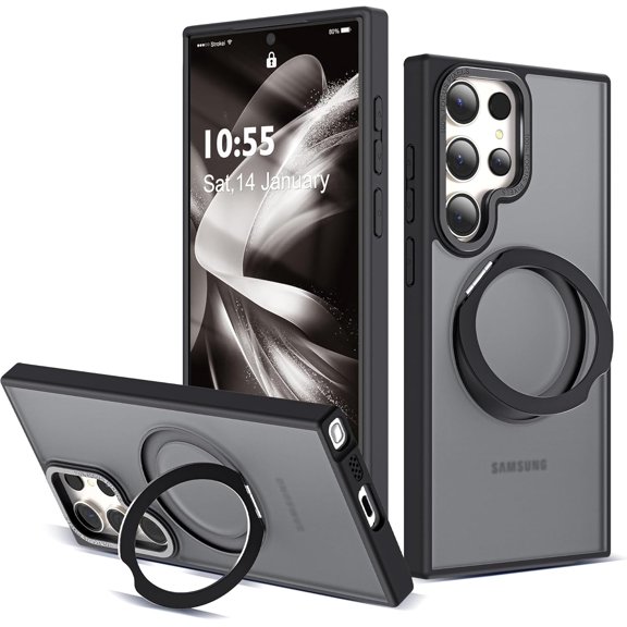 Designed for Samsung Galaxy S24 Ultra Case with 360° Rotatable & Invisible Magnetic Ring Stand [Compatible with Magsafe] Military-Grade Translucent S24 Ultra Phone Case 6.8", Black