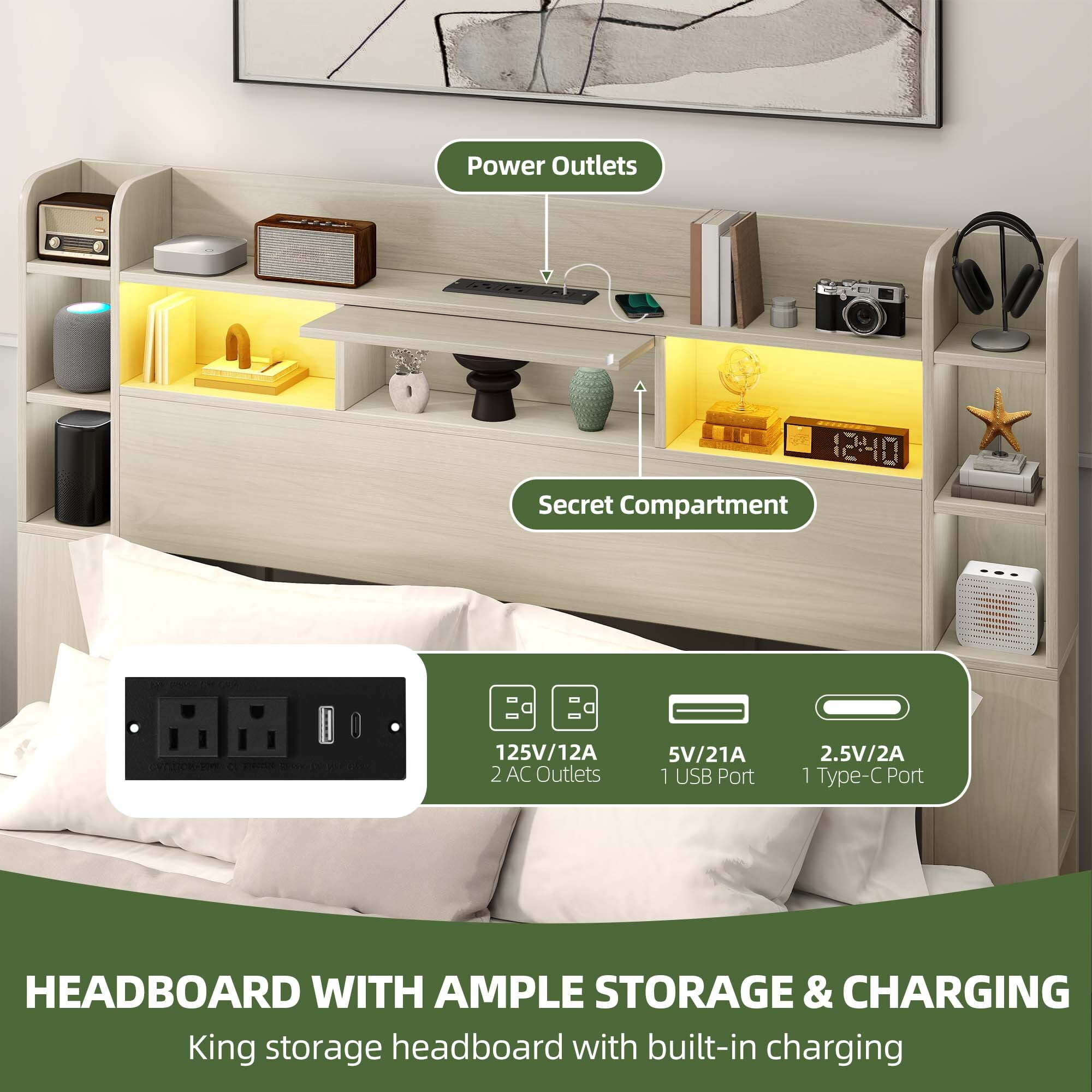 Uforic Queen Size Bed Frame with LED Lights & Bookshelf Headboard, Platform Bed Frame with Charging Station & Drawers, White