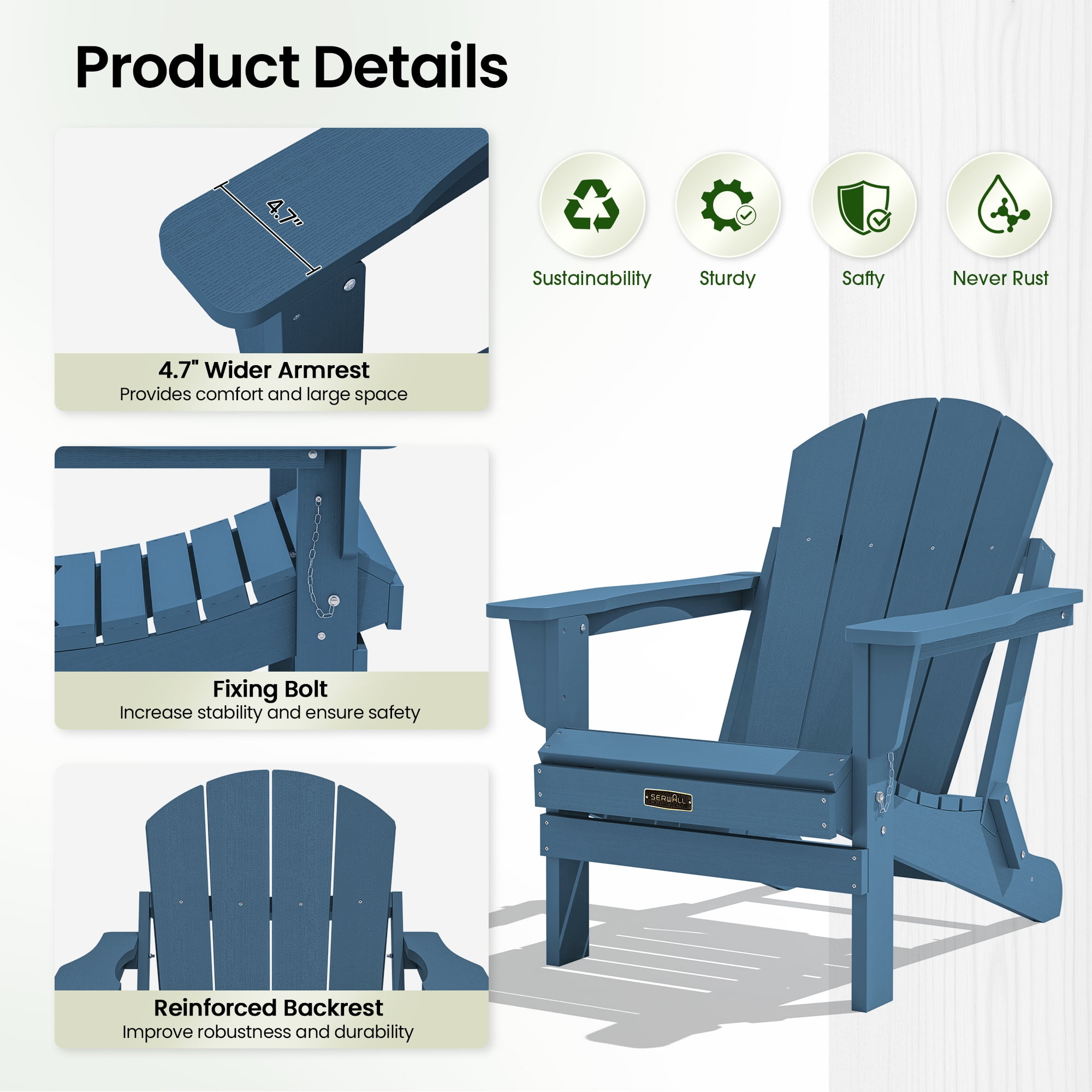 SERWALL Folding Adirondack Chair Set of 4, Patio Seat, Weather Resistant Adirondack Chairs for Patio, Garden, Outdoor Fire Pit Chair, Blue