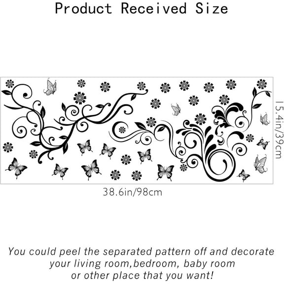 Black 12 Butterfly Wall Decal 21 Flowers Self-adhesive Wall Stickers with 2 Vine Wall Art for Living Room Bedroom s Room TV Wall Decoration 39x98cm