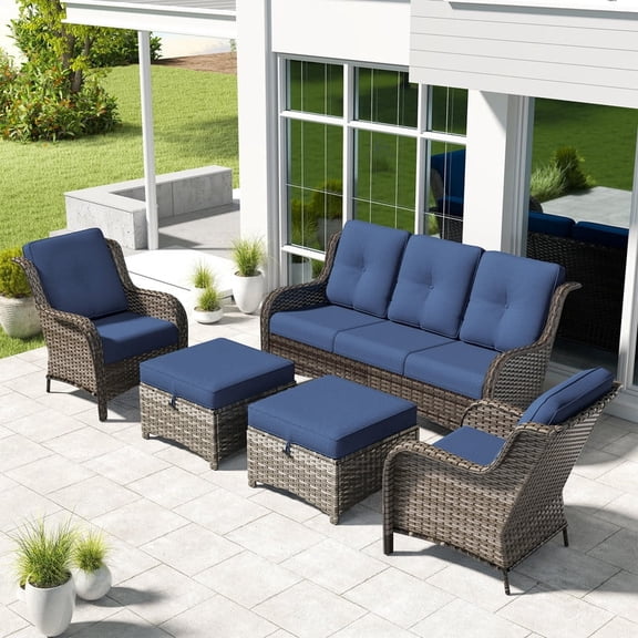 Meetleisure 5 Piece Wicker Patio Furniture Set, Rattan Chairs with 3-Seater Sofa, Ottomans, High Back, Deep Seating, Wide Armrest, Thick Cushions for Deck Porch, Dark Blue