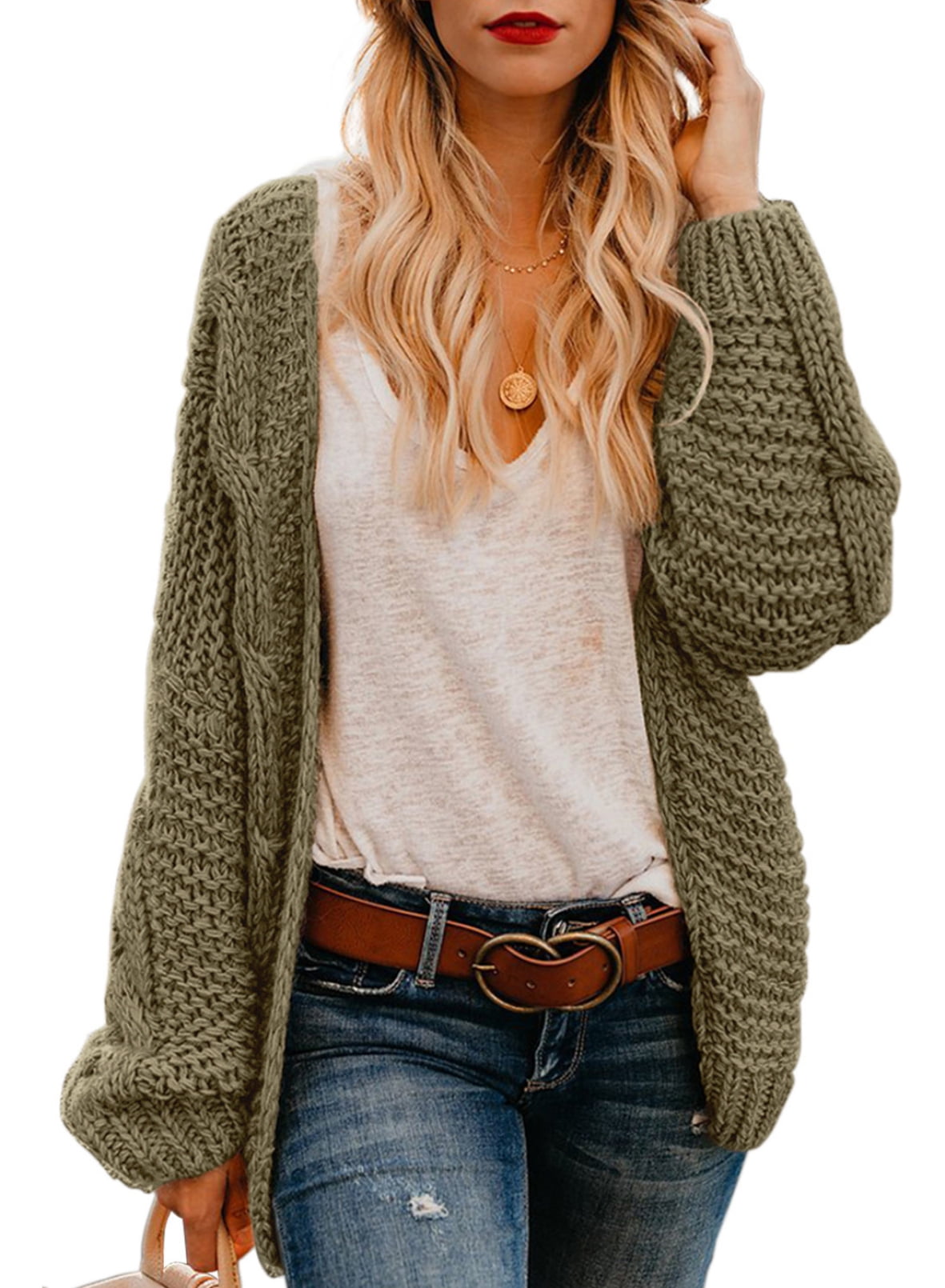 Aleumdr Womens Cable Knit Long Cardigan with Side Pockets Warm Coat Pullover Sweater 