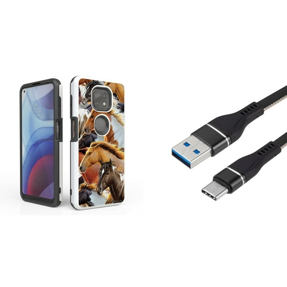 Bemz Accessory Bundle for Moto G Power (2021) Case with: Dual Shield Slim Rugged Hybrid Protective Cover, Fast Charging Sync USB-C to USB-A Cable (3 Feet) and Touch Tool - Wild Horses