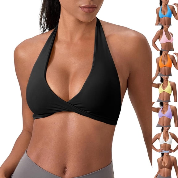 YanHoo Sports Deep V Bras for Women Seamless Halter Padded Yoga Bra Twist Front Push Up Bralettes Comfort Gym Workout Crop Tank Top