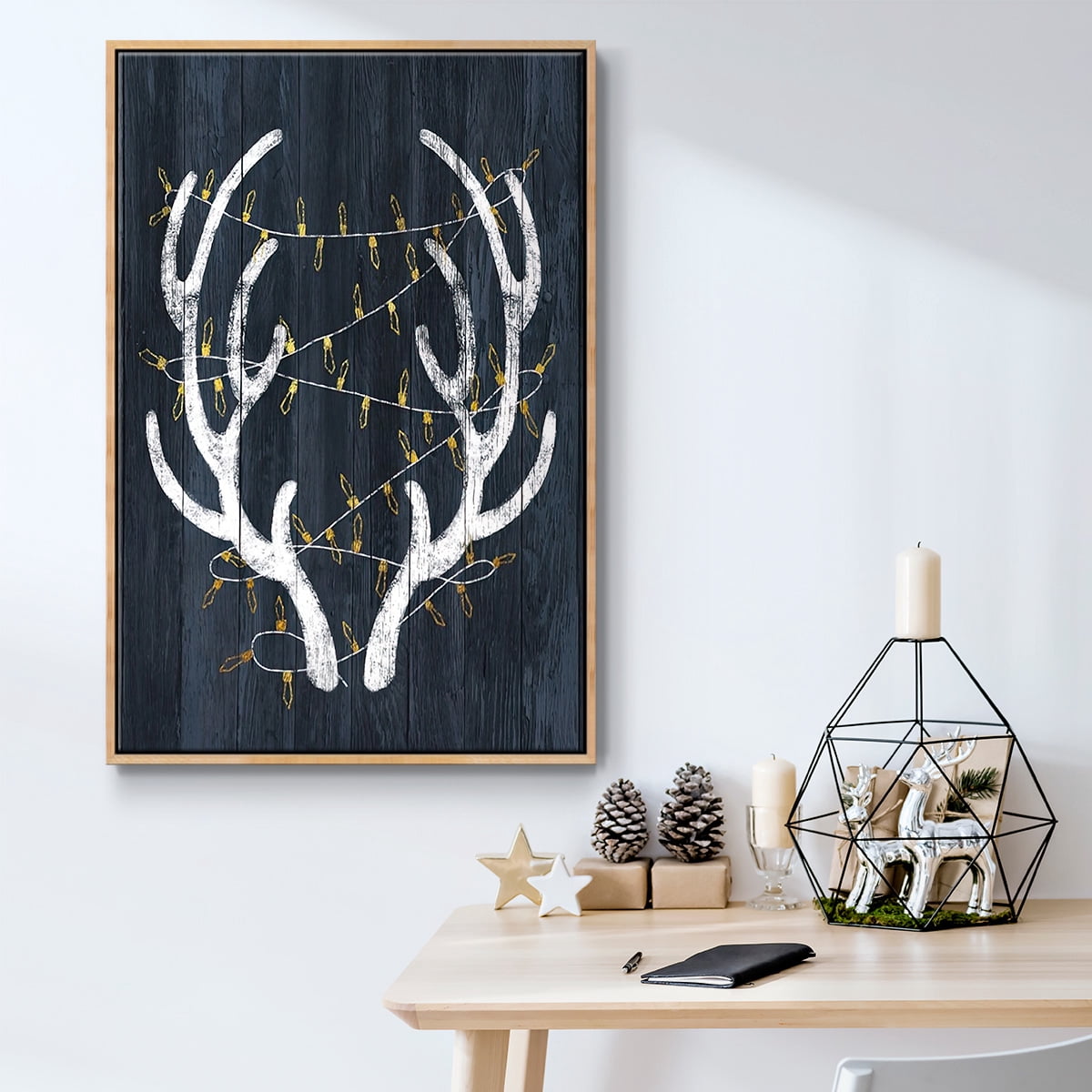 Antlers & Lights - Framed Gallery Wrapped Holiday Canvas - 25 x 37 - Natural Wood Frame