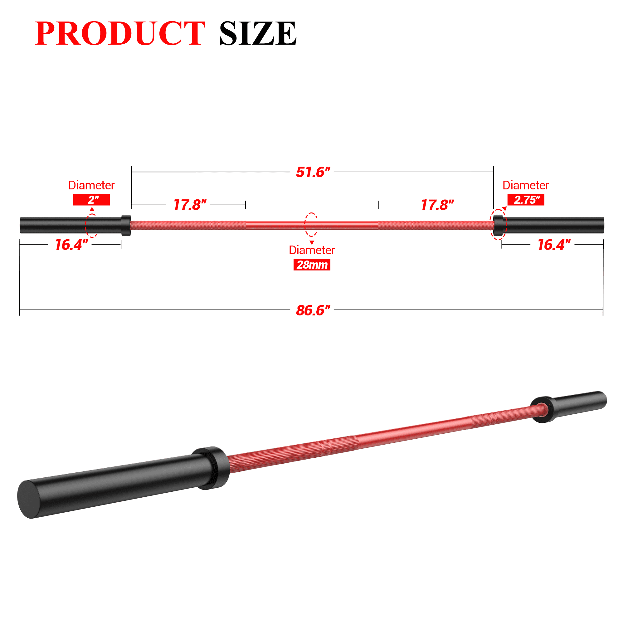 Rugerasy Barbell Bar,7 Ft Weight Bar for Squat,1500 Lbs Weight Capacity Steel Barbell for Strength and Weightlifting Training, Deadlift, Curl, Bench Press, Overhead Press,Red and Black
