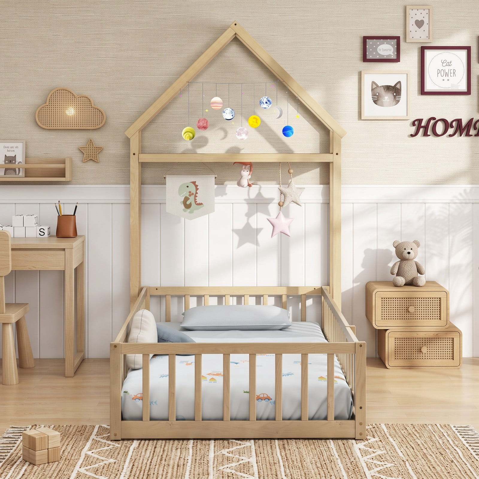 Furnibear Full Size Bed Frame House Floor Bed with House-Shaped Frame and Full-Length Fence Guardrails for Kids Room, Natural