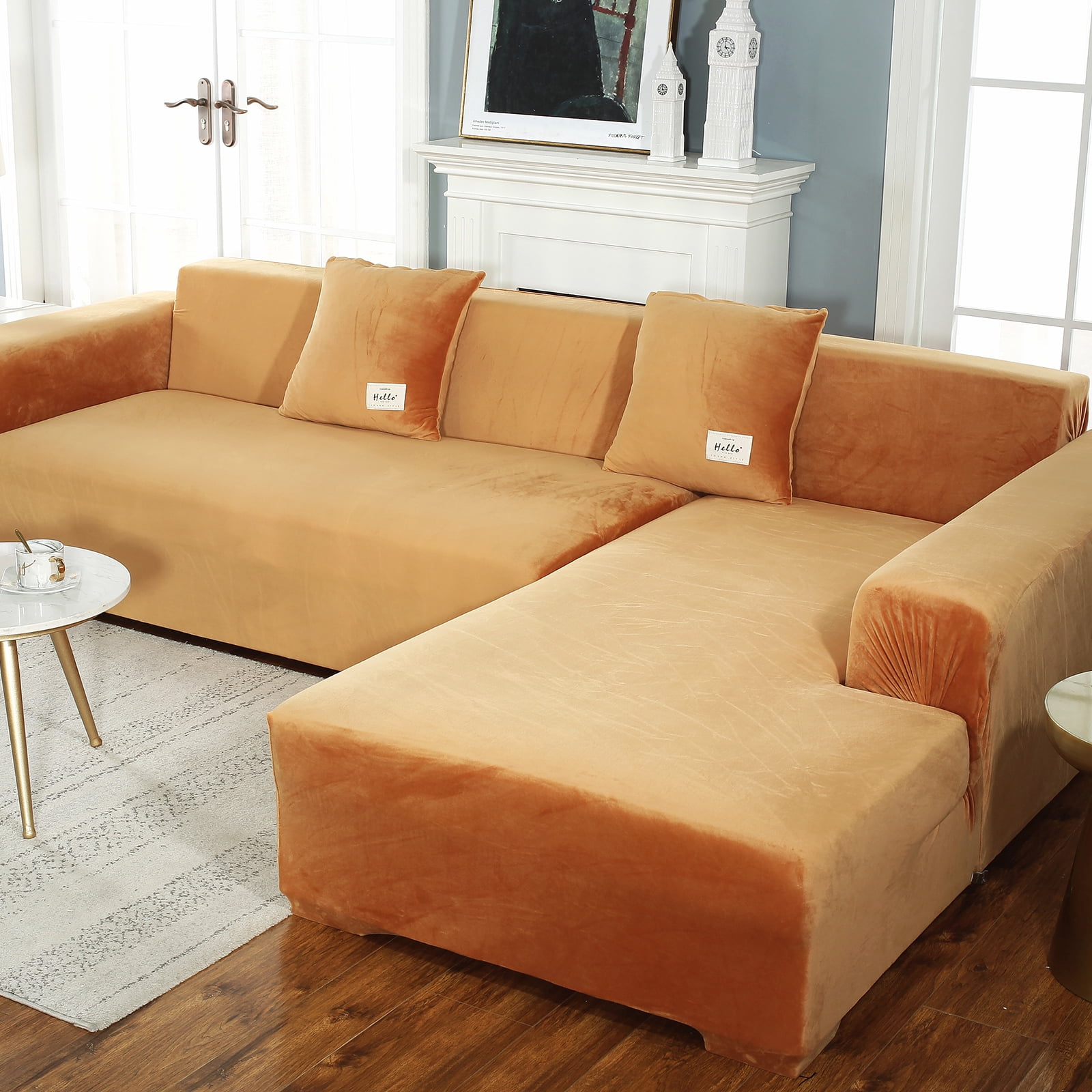Eurhowing Velvet L-Shaped Sectional Sofa Cover with 4 Pillowcases, Stretch Soft Couch Slipcovers 3 Seater+4 Seater, Sofa Furniture Protector, Orange