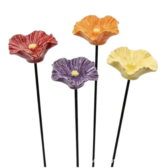 4 Pack Handmade Ceramic Bee Watering Station, Flower-Shaped Pollinator Water Bowl with Metal Stakes, Shallow Bird & Butterfly Feeder for Garden, Patio, Lawn & Balcony