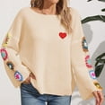thumbnail image 2 of Fartey Women’s Heart Embroidered Sweater Fashion Floral Crochet Long Sleeve Sweaters Loose Fit Crew Neck Drop Shoulder Knitted Pullover Tops Beige M, 2 of 6