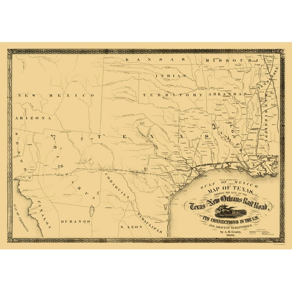 Railroad Map - Texas and New Orleans Railroad - Gentry 1860 - Vintage Wall Art