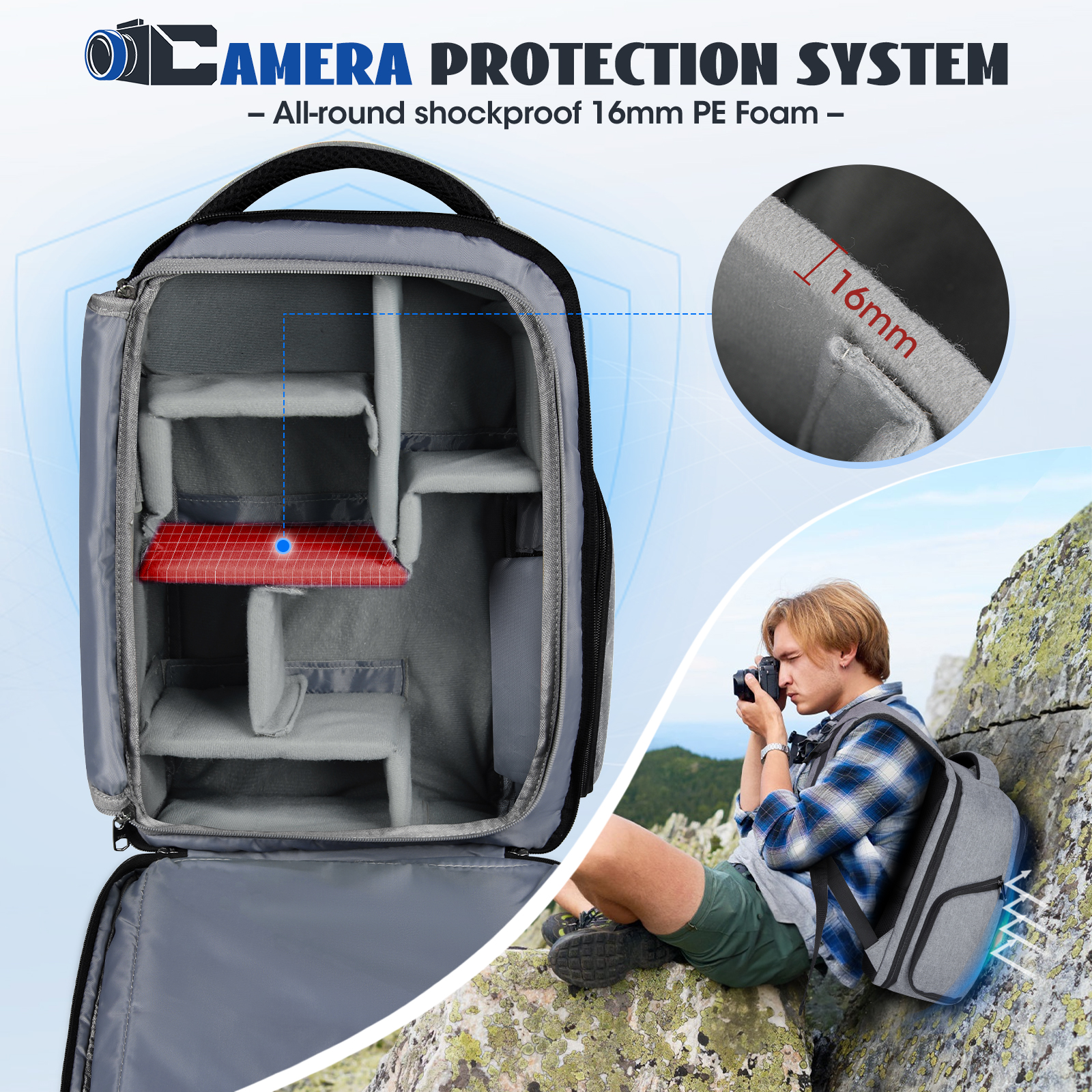 RAINSMORE Camera Backpack Camera Bag for Photographers DSLR SLR Mirrorless Camera Cases with Waterproof Rain Cover & Laptop Compartment Fits 14 Inch Laptop,Anti Theft Travel photography backpack,Gray