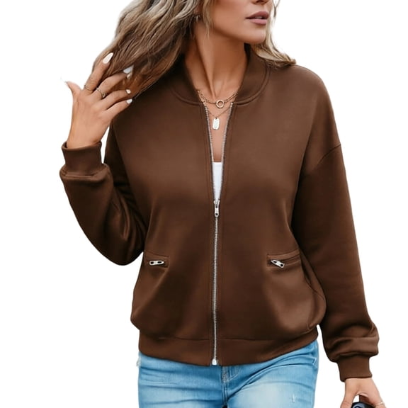 Ohufall Womens Full Zip Bomber Jacket, Rib Collar Zipper Pocket Long Sleeve Loose Casual Outer Top