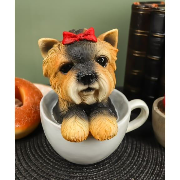 Ebros Realistic Adorable Yorkie Dog with Red Ribbon in Teacup Statue 6"H