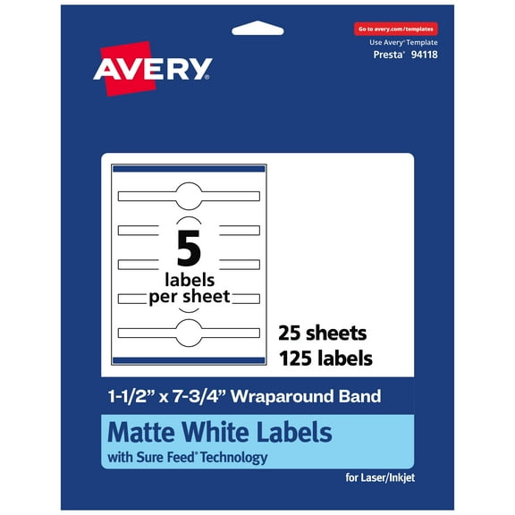 Avery Matte White Wraparound Labels, 1-1/2" x 7-3/4", 125 Total