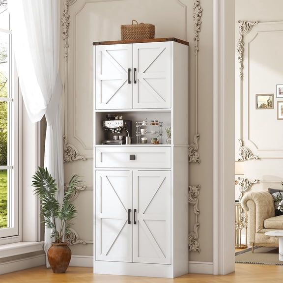Frmobepts 67.5'' Tall Kitchen Pantry with Microwave Shelf, Large Storage Drawer Wood Pantry Storage Cabinet for Dining Room Living Room, White