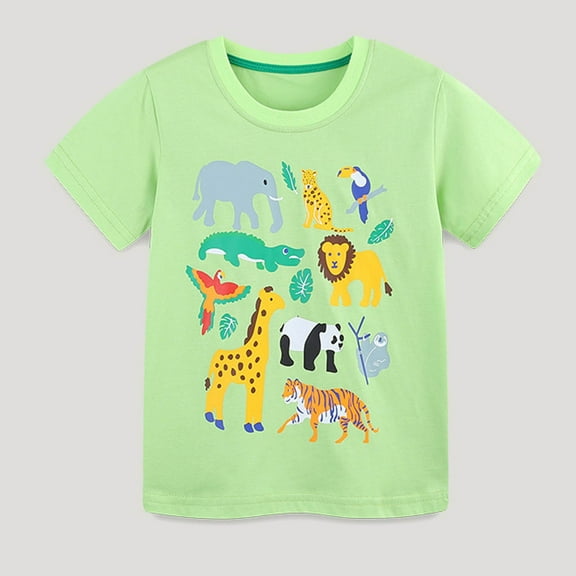 Spazoro Children's Boys Girls Shirts Tee, Zoo Animal Print Graphic T-Shirts Crew Neck Short Sleeve Casual Summer Tops for Unisex Green Size 5 T