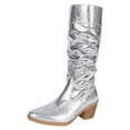 thumbnail image 5 of Rokment Metallic Slouchy Knee High Boots for Women Fashion Casual Leather Pointed Toe Chunky Stackable Heel Mid Calf Dress Tall Boots Fall Winter Silver Size 7, 5 of 7