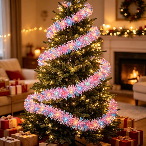 16.4 ft Christmas Tinsel Garland with Light, Multicolor, Pastel Christmas Candy Decorations Prelit Tinsel Garland Battery Operated 50 LED Hanging for New Year Party Decor