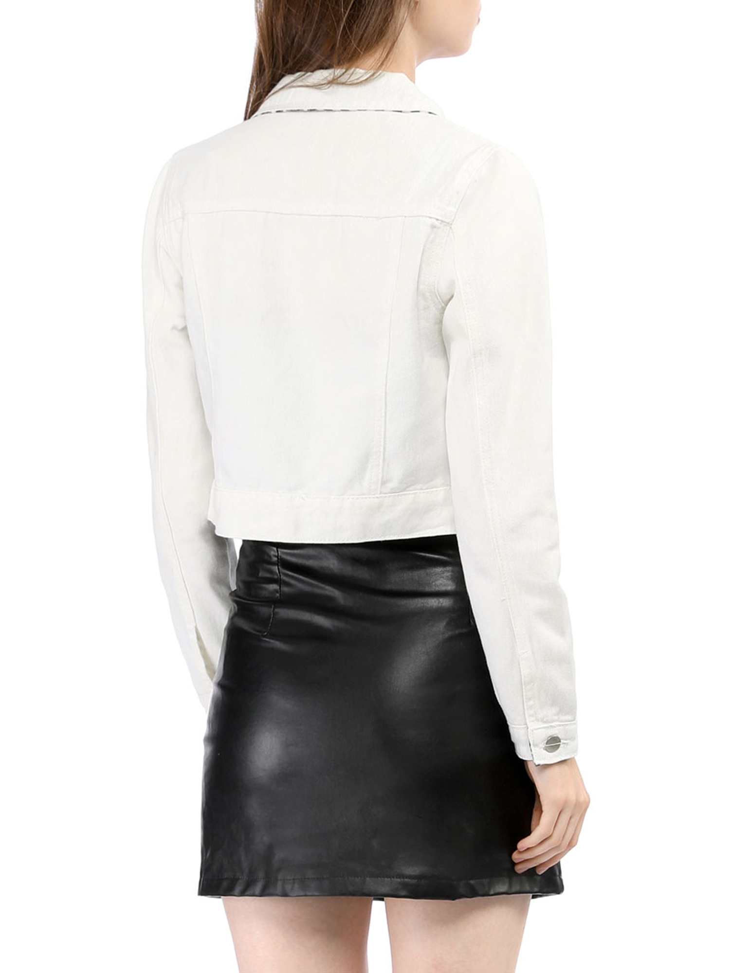Unique Bargains Women's Button Down Long Sleeve Cropped Denim Jacket XL White - image 4 of 8