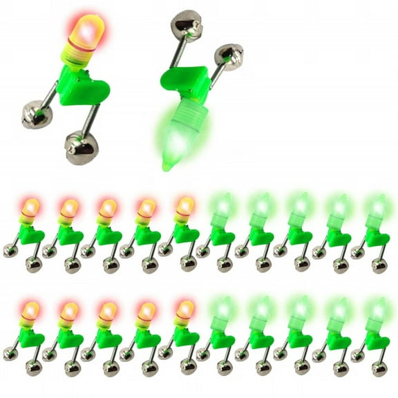 LED Night Fishing Rod Bait Alarm Bell 20pcs with Dual Ring Bells Fishing Indicator Fish Bait Alarm Portable Fishing Accessories Bait Alarm Bell Rod Clip Tip for Fishing(10 Red,10 Green)