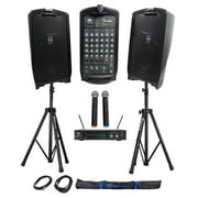 FENDER PASSPORT EVENT 8" Bluetooth Speakers+2) Wireless Handheld UHF Mics+Stands