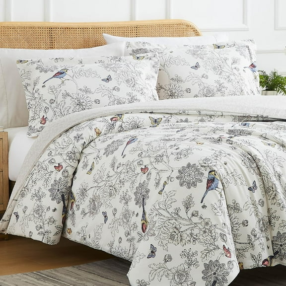 Southshore Fine Living, Inc. 3-Piece Cal King Comforter Set with 2 Pillowcases, Down Alternative Comforter Bedding, Soft Microfiber Fabric, California/King Size, Bayberry Bird and Floral Print