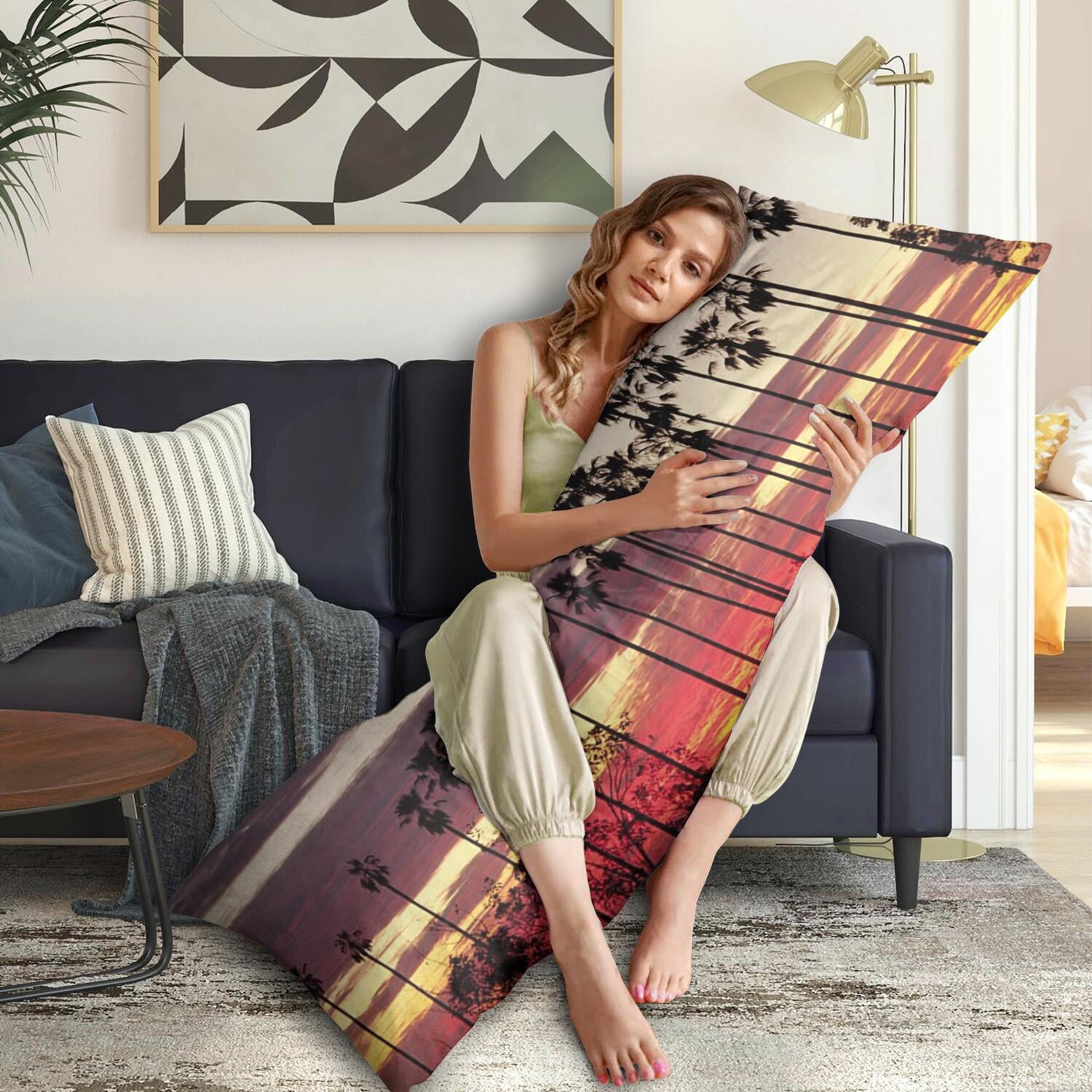 Hawaii Palm Tree Long Body Pillow Cover - 20"x54" Full-Length Pillow Case with Zipper, Minimalist Ocean Sunset Print, Cozy & Multipurpose