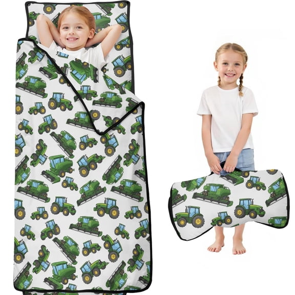 Tractor and Tractors White Pattern Teens Toddler Nap Mat with Pillow, Sleeping Mat Bag for Preschool Daycare 59"x22"
