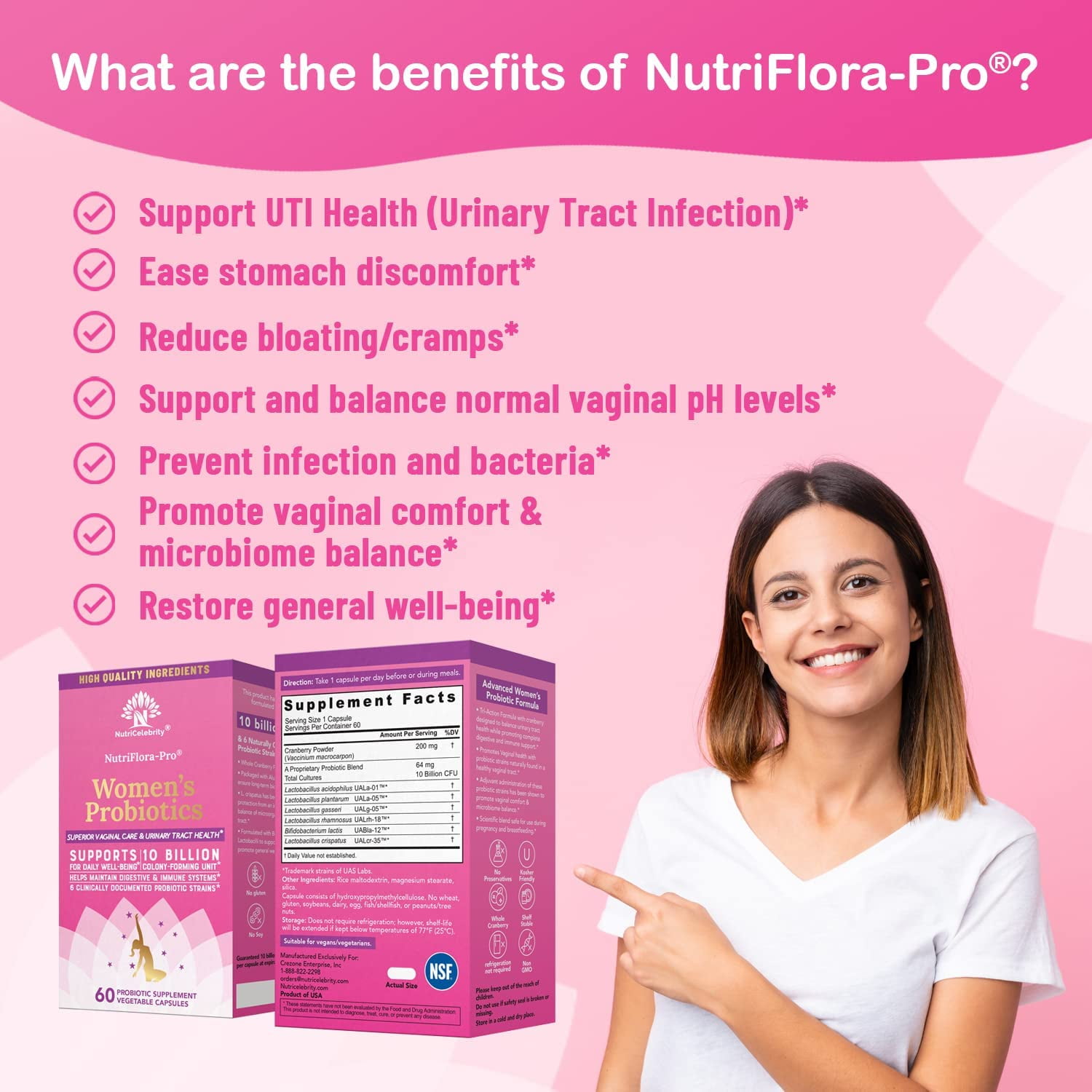 Nutricelebrity NutriFlora-Pro Probiotics for Women - Support Vaginal, Urinary Health (UTI), Digestive System, Period Pain, Yeast, and BV Relief, Cranberry Pills, 10 Billion CFU 6 Strains (60 Caps)