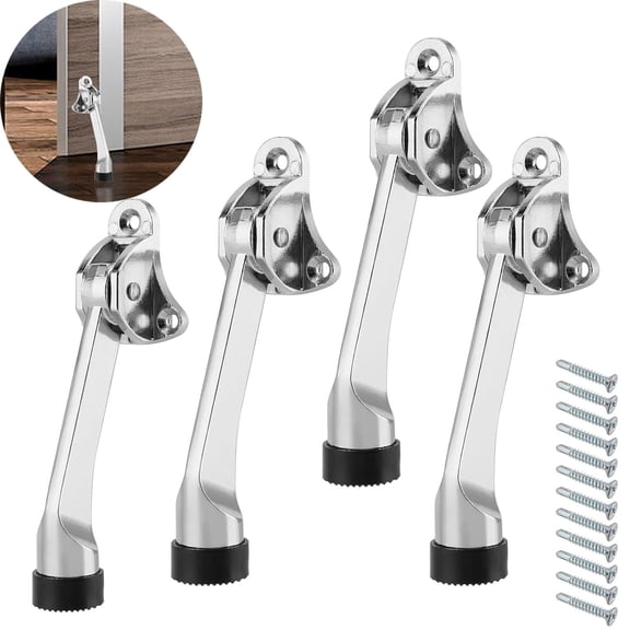 4 PCS Heavy Duty Kickdown Door Stopper, Door Stops Kickstand with Rubber Tip, Commercial Door Stopper Metal Door Stoppers Hinge for Bottom of The Door