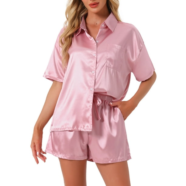 INSPIRE CHIC Conjunto de Pijamas para Mujeres con Botones, Cuello Notch, Manga Corta y Pantalones Cortos, Conjunto de Lounge Suave y Acogedor L Rosa