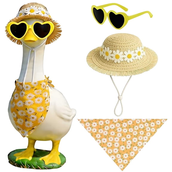 Porch Goose Statue Summer Outfit Set for 7/23" Lawn Goose Statue, with Straw Hat, Heart Sunglasses & Floral Bandana, Cute Summer Themed Yard Goose Statue Cloth