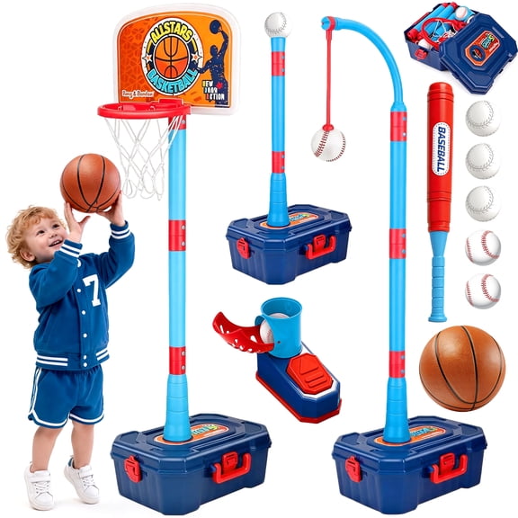 LINXUXIE 4 in 1 Toddler Basketball Hoop and T Ball Set, Kids Baseball Toys with Pitching Machine, Indoor & Outdoor Sport Birthday Gifts for 1-3 3-5 Year Old