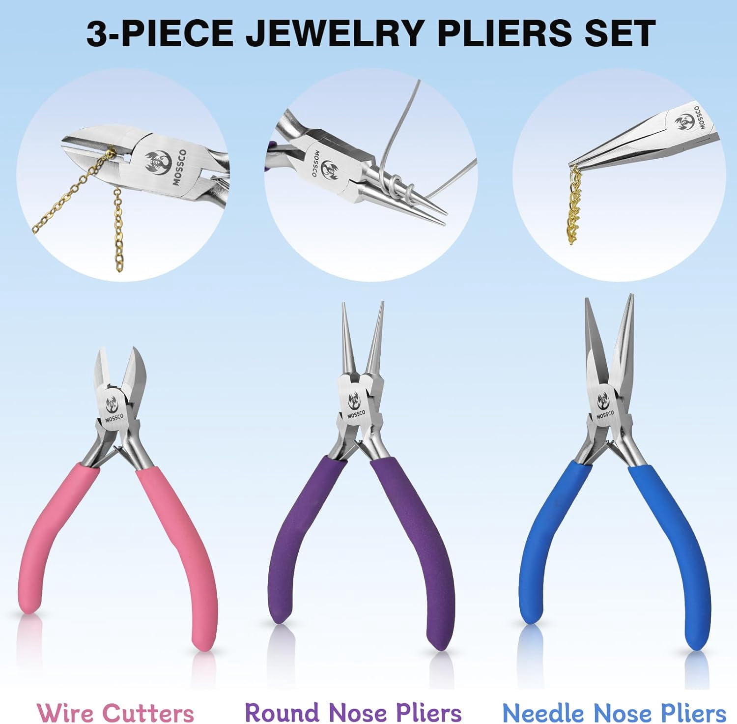Jewelry Pliers Set, 3Pcs Jewelry Making Tools Kit - Round Nose, Needle Nose and Wire Cutters for Jewelry Making, Beading, Wire Wrapping, DIY Crafts and Jewelry Repair with Carrying Pouch