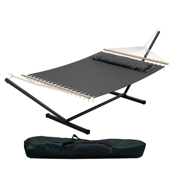 Extra Wide Double Hammock with Heavy Duty Steel Stand – 475 lbs Capacity – Soft Quilted Dark Grey Fabric – Portable, Freestanding, Includes Pillow & Carry Bag –Patio, Garden, Camping–Color: Dark Grey