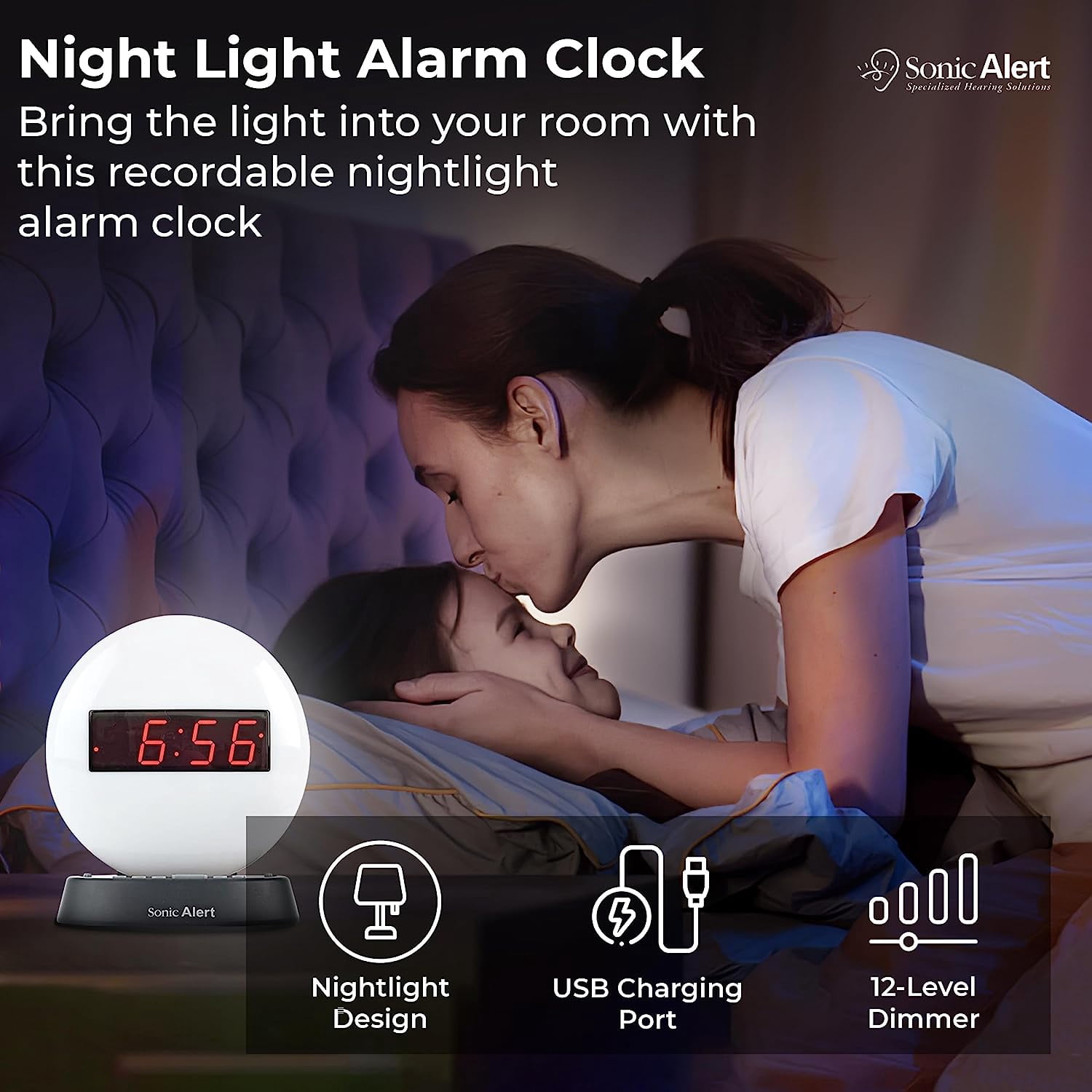 Sonic Alert Soft White Alarm Clock Nightlight - Wake Up with Gentle Light and Sound