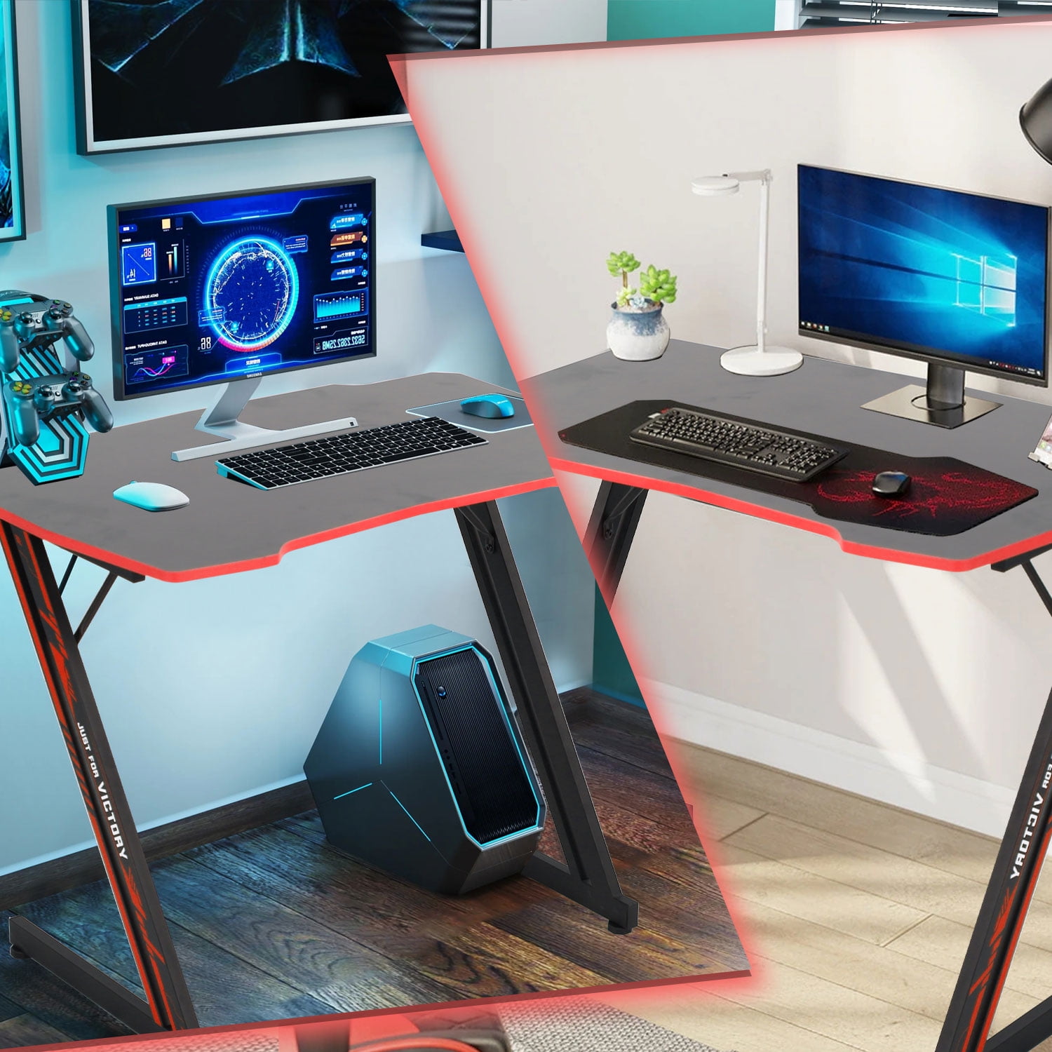 CL.HPAHKL 39 inch Small Gaming Desk, Z Shaped PC Computer Desk Gaming Workstation with Headphone Hook, Ergonomic Gaming Table PC Desk for Game Players, Red