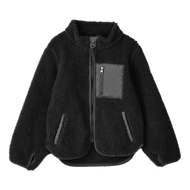 Gibobby Grandes NiñosNiños Pequeños Bebé Niñas Primavera Invierno Patchwork Manga Larga Casual Fuzzy Fleece Outwear Abrigo Con Bolsillos(Negro, 10-12 Años)