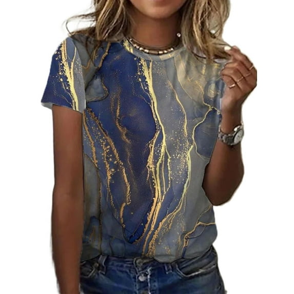 MYLookk Women Summer Short Sleeve Crew Neck Tops Pullover Casual T-Shirt Blouse