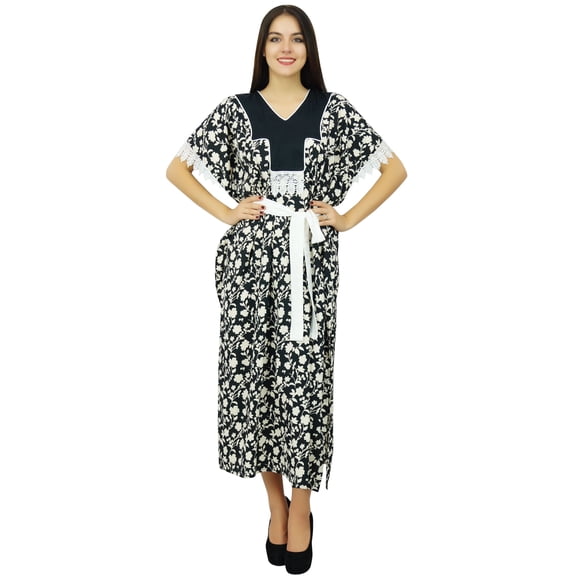Bimba Womens Floral Long Caftan Polyester Cover Up Lace Maxi Kaftan With Belt Black Dress