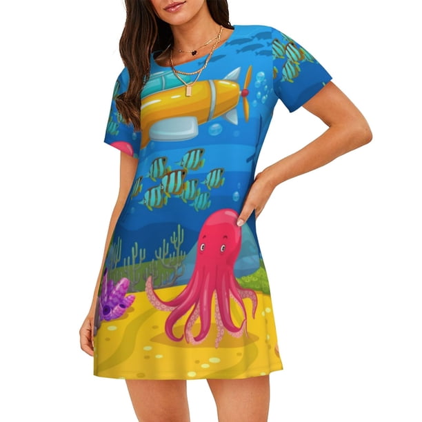 Balery Submarine And Landscape Camisón de manga corta con cuello redondo para mujer, cómodo y elegante.
