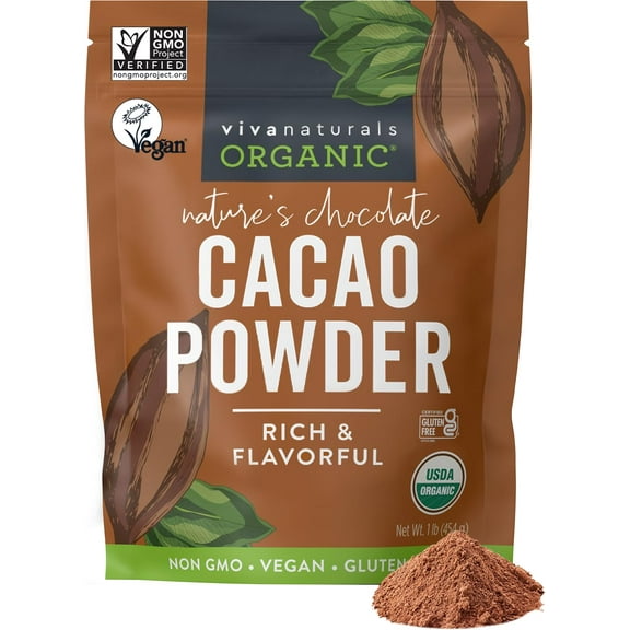 Viva Naturals Organic Cacao Powder, 1lb - Unsweetened Cacao Powder With Rich Dark Chocolate Flavor, Perfect for Baking & Smoothies, Non-GMO, Certified Vegan & Gluten-Free, 454 g
