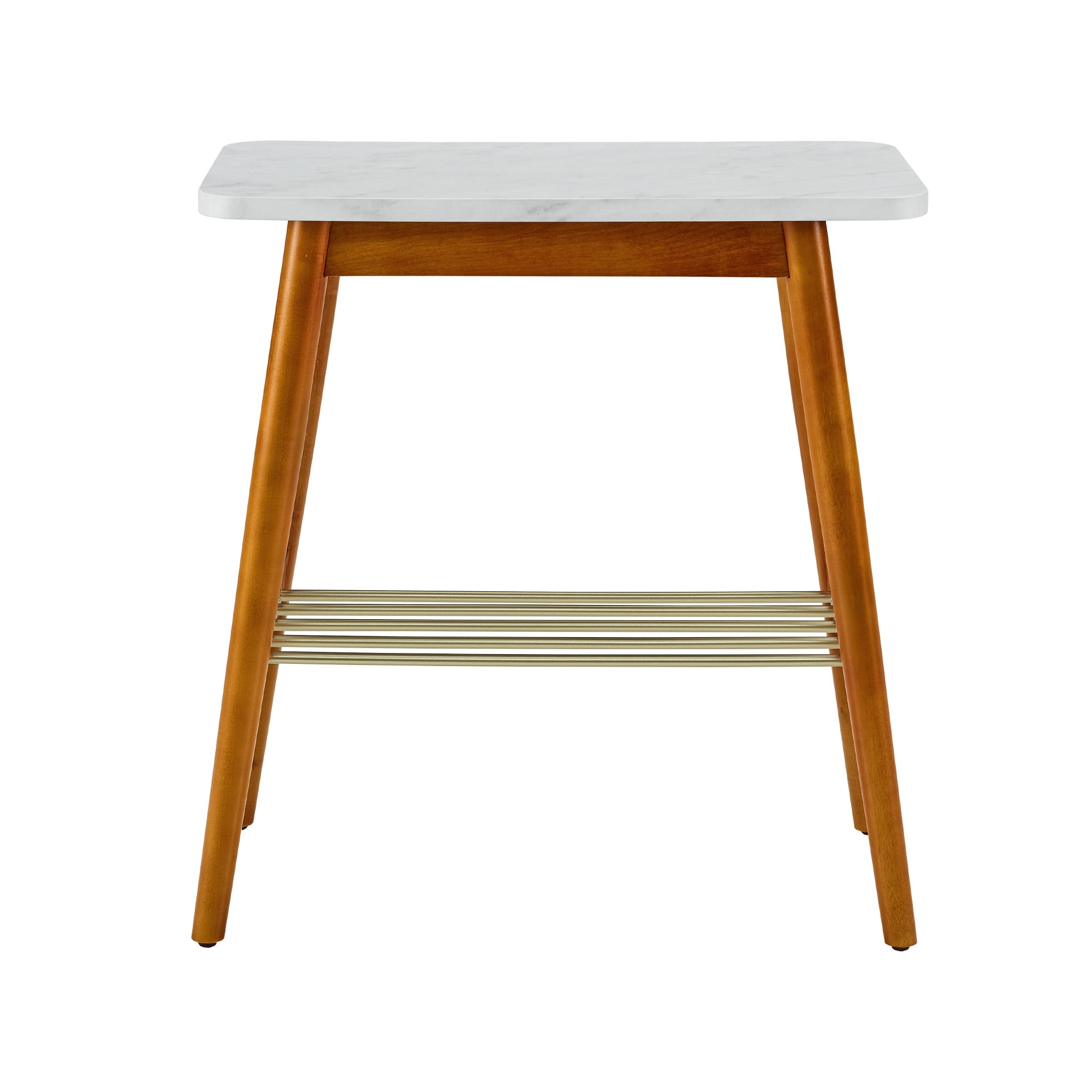 Manor Park Mid Century Modern End Table, White Faux Marble/Acorn