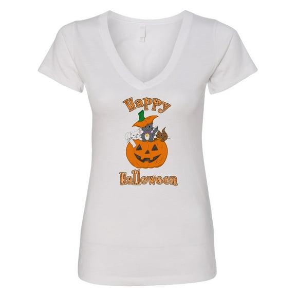Inktastic Happy Halloween Kittens in Pumpkin Women's V-Neck T-Shirt