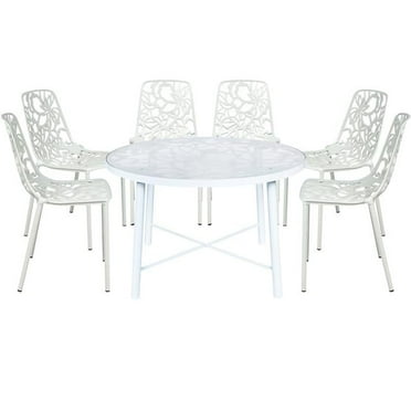 28.35 x 47.25 x 47.25 in. Devon Mid-Century Modern 7 Piece Aluminum Outdoor Patio Dining Set with Tempered Glass Top Table & 6 Stackable Flower Design Chair, White